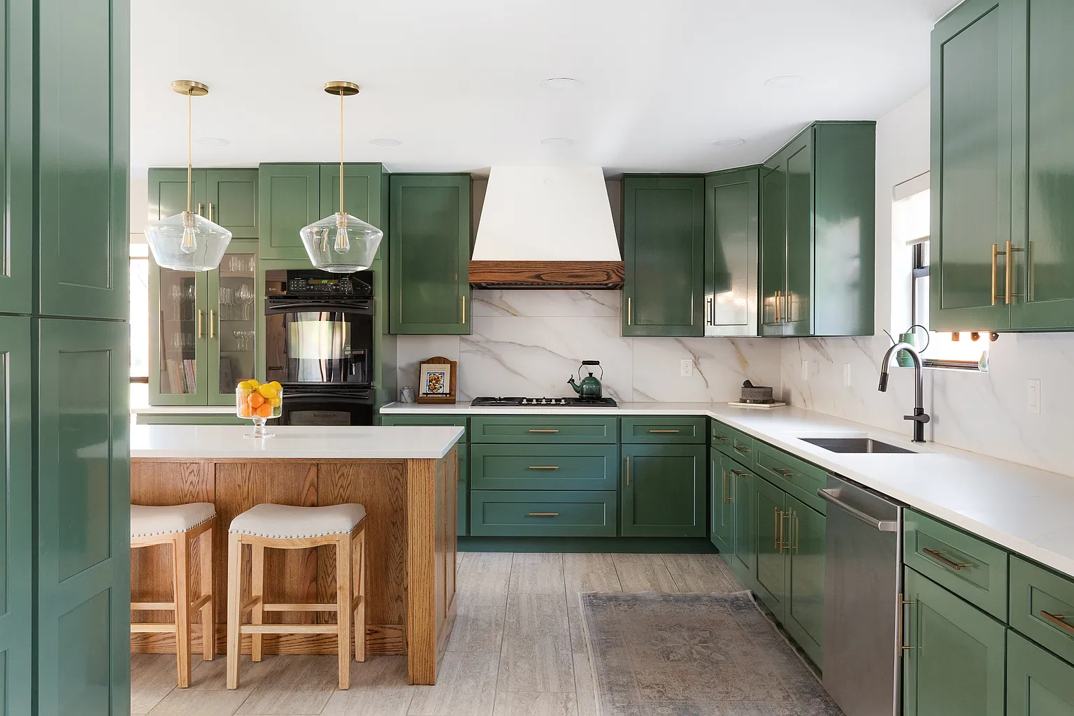 The finished Provence kitchen opens toward the adjoining living space